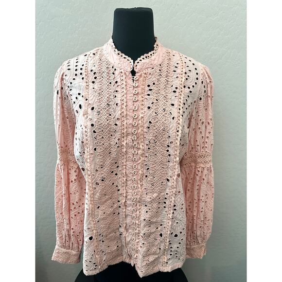 BOSTON PROPER | Blush Pink Embroidered Eyelet Button Front Blouse | Medium - Picture 2 of 6